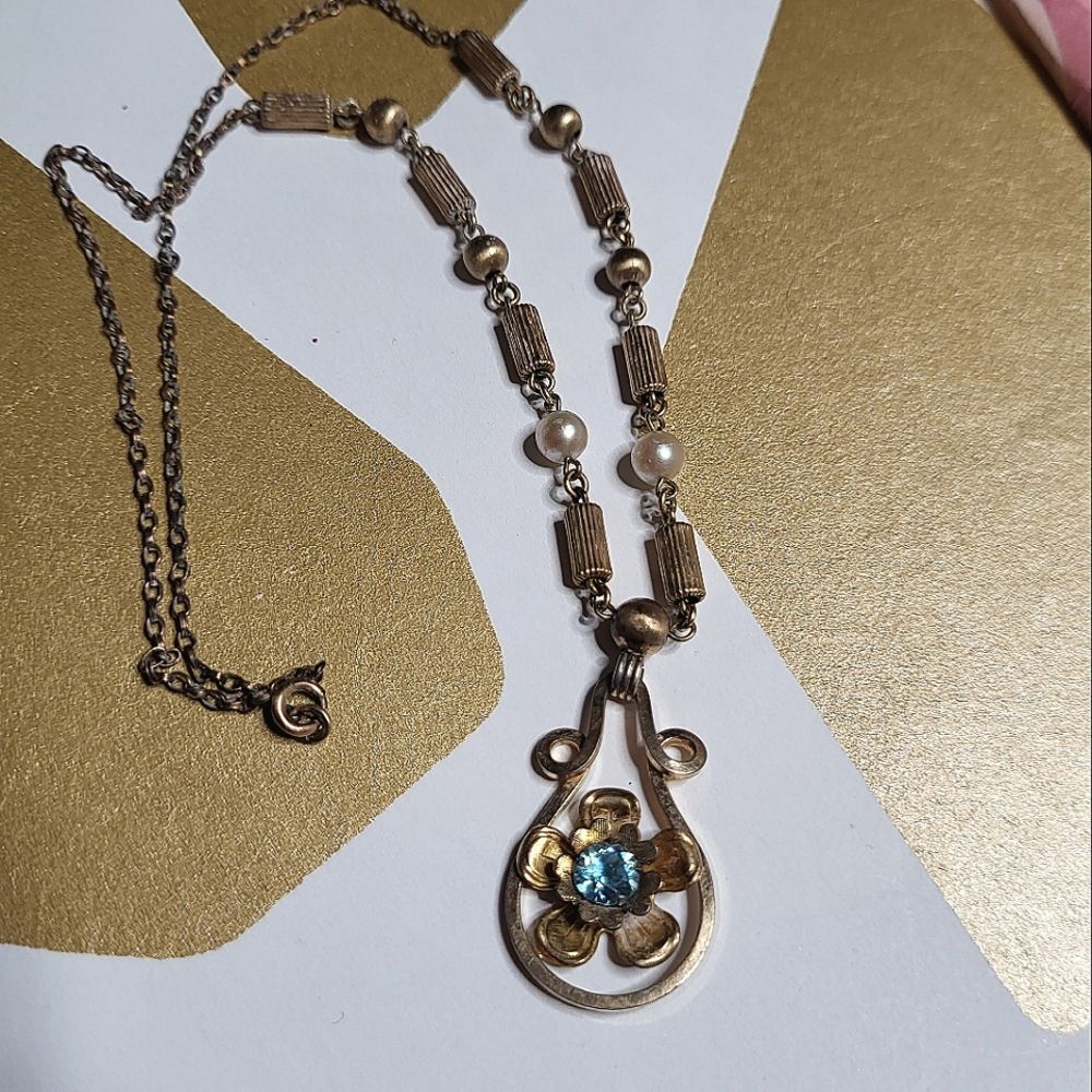 Antique Vintage L.S.Co Victorian Revival 10k GF Aquamarine and pearl necklace